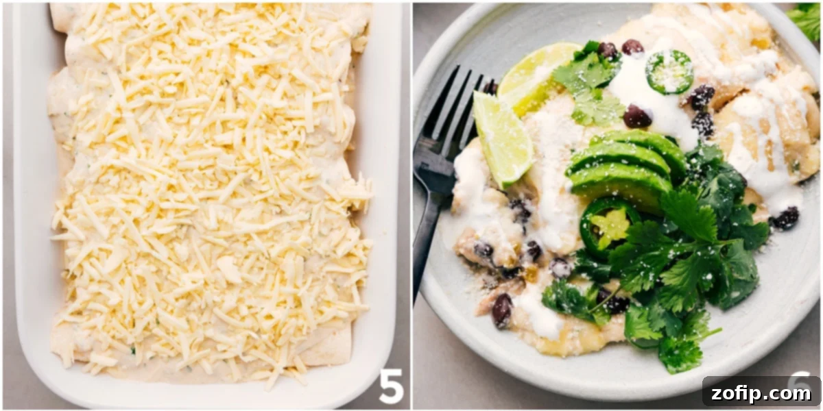 Serving Homemade White Chicken Enchiladas Baked white chicken enchiladas garnished with fresh cilantro, sliced avocado, and lime wedges, served warm.