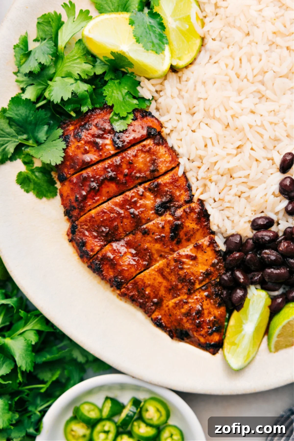 The Best Southwest Chicken Recipe for Quick Dinners Perfectly cooked Southwest Chicken served on a plate with fluffy rice and black beans, garnished with fresh cilantro.
