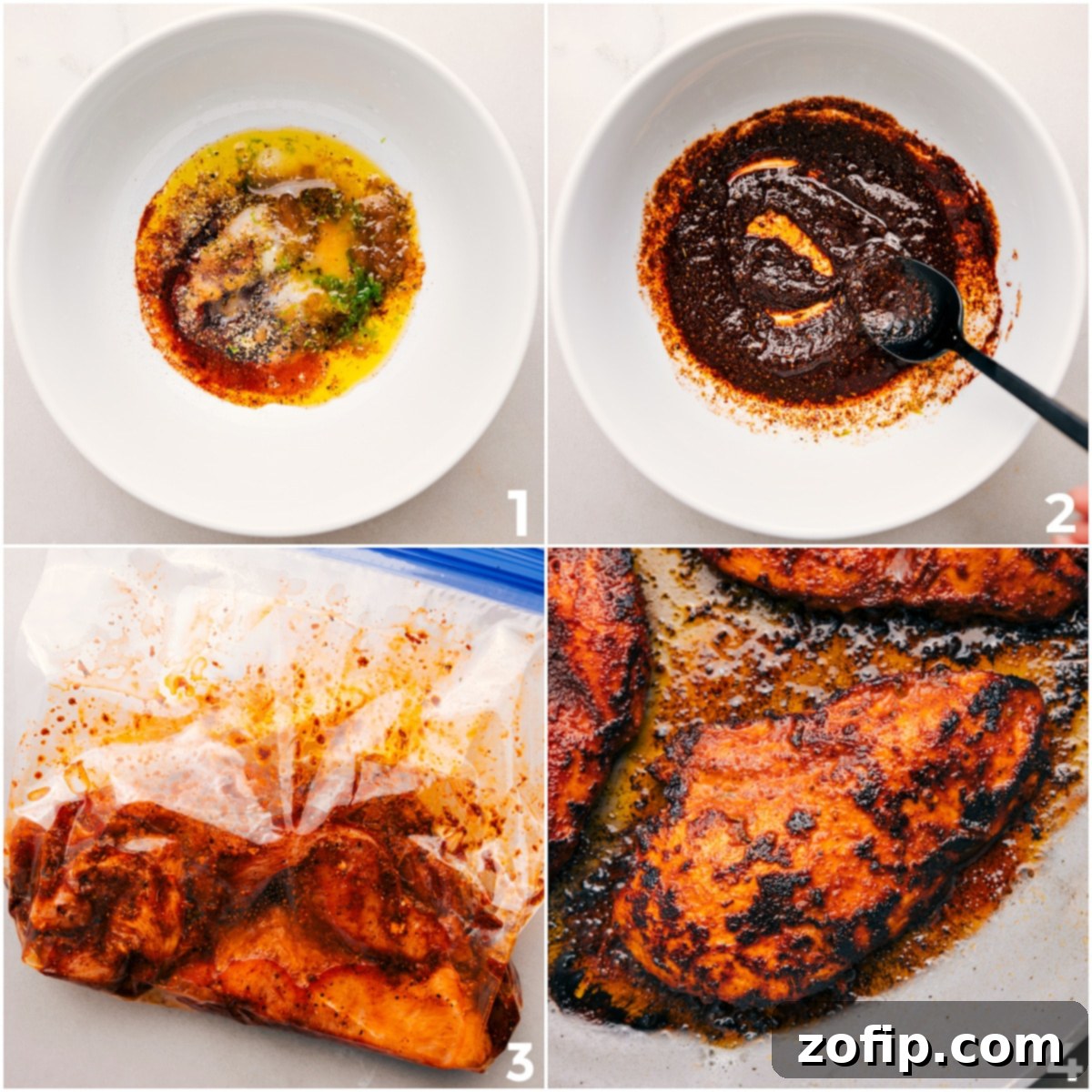 Step-by-Step Guide to Cooking Southwest Chicken A visual guide showing the process of making Southwest Chicken: preparing the marinade, mixing it with the chicken, allowing it to marinate, and finally cooking it to perfection in a skillet.