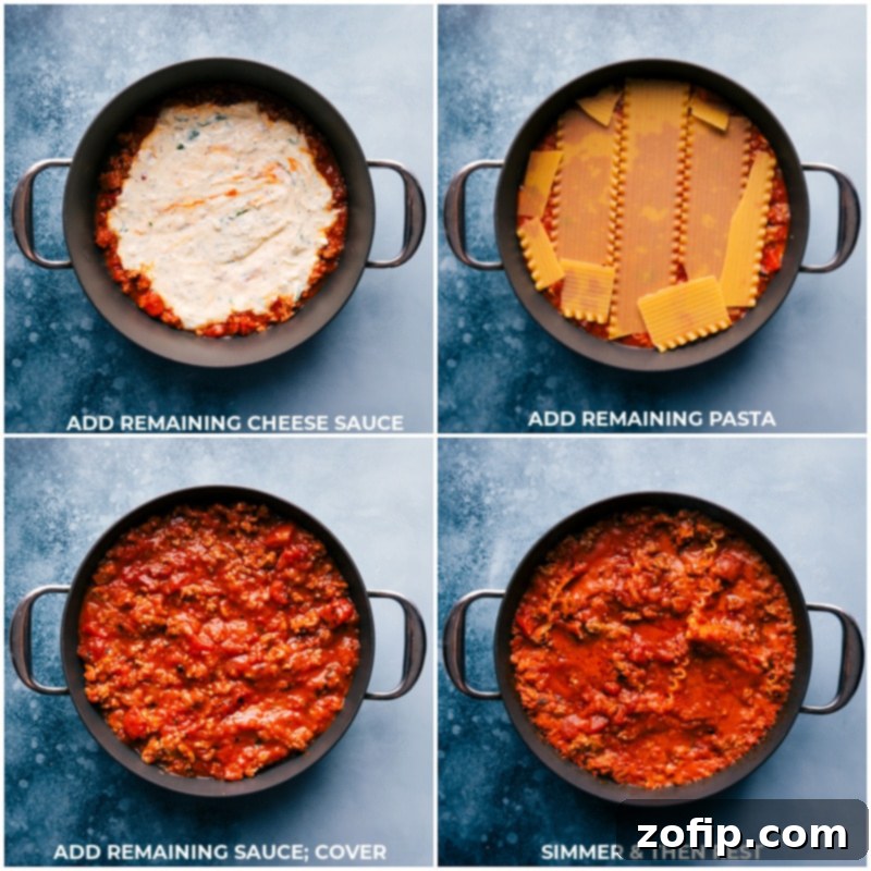 One-Pan Lasagna 5 Process shots of Skillet Lasagna showing more layers being added and the dish simmering on the stovetop