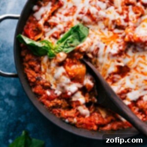 One-Pan Lasagna 8 A top-down view of the Skillet Lasagna, ready to be served from the pan