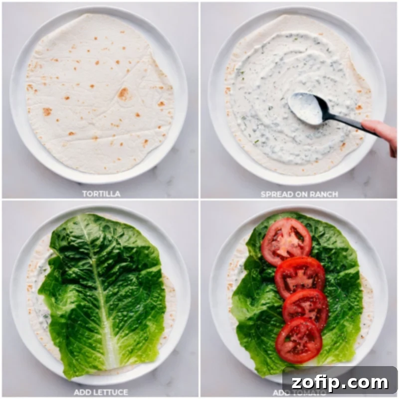 Layering fresh ranch, crisp lettuce, and juicy tomatoes onto soft tortillas for delicious Turkey Wraps. These easy and nutritious wraps are perfect for quick meals, featuring smoky deli turkey, sharp Cheddar, and creamy avocado. Layers of ranch, lettuce, and tomatoes being added to a tortilla for a Turkey Avocado Wrap