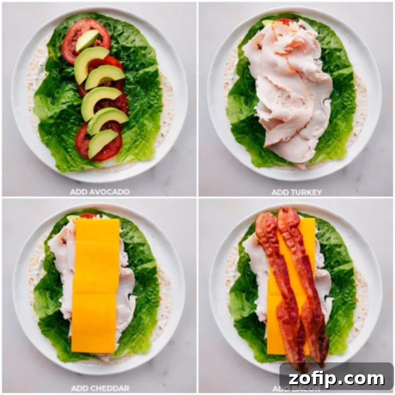 Build your perfect Turkey Wrap by layering creamy avocado, smoky turkey, sharp Cheddar, and crispy bacon. These tasty and nutritious wraps are incredibly easy to make, perfect for quick lunches or busy weeknights, and truly incredible in flavor and texture. Process of adding avocado, turkey, Cheddar cheese, and bacon to a Turkey Avocado Wrap