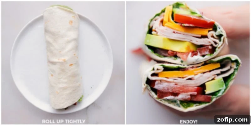 Learn how to perfectly roll and cut your Turkey Avocado Wraps for a satisfying meal. These wraps are a family favorite, ideal for quick lunches or busy weeknights, offering a delicious balance of smoky turkey, sharp Cheddar, fresh lettuce, juicy tomatoes, and creamy avocado. Final steps of rolling and slicing a Turkey Avocado Wrap for serving