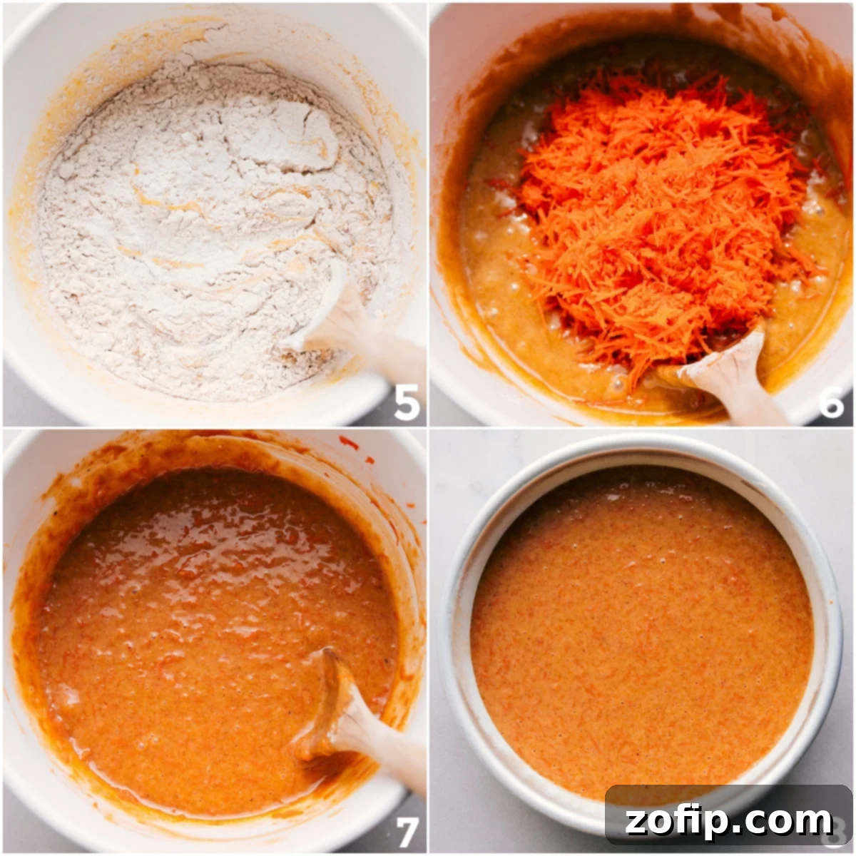 Combine Wet And Dry Ingredients For Carrot Cake A step-by-step image demonstrating the combining of wet and dry carrot cake ingredients, gently folding in the fresh shredded carrots, and meticulously pouring the finished batter into prepared round baking pans before baking.