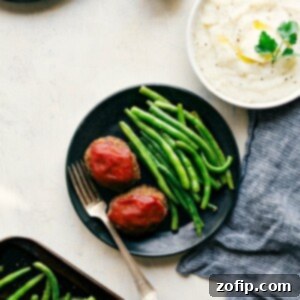 One Pan Meatloaf Dinner with mashed potatoes and green beans