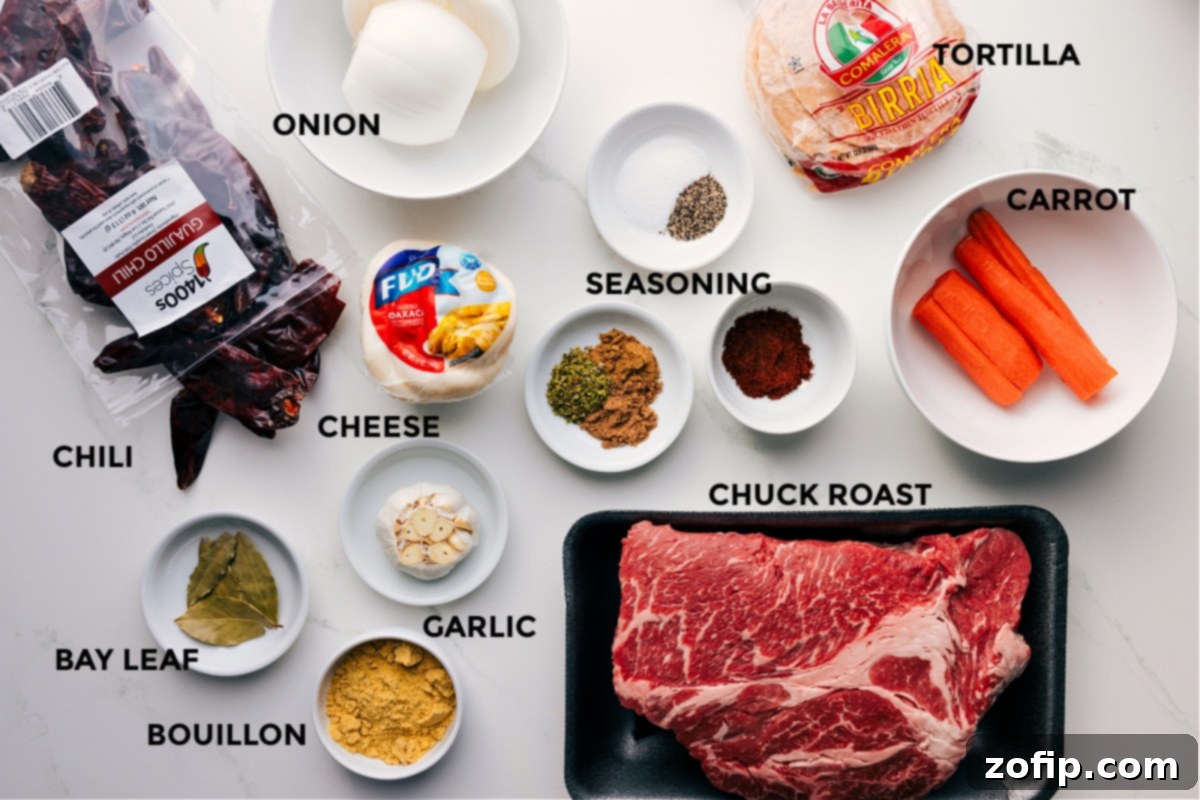Ingredients In Quesabirria All the ingredients for this recipe prepped and ready for easy assembly: onion, chilis, tortillas, carrot, seasonings, cheese, chuck roast, garlic, and bouillon.