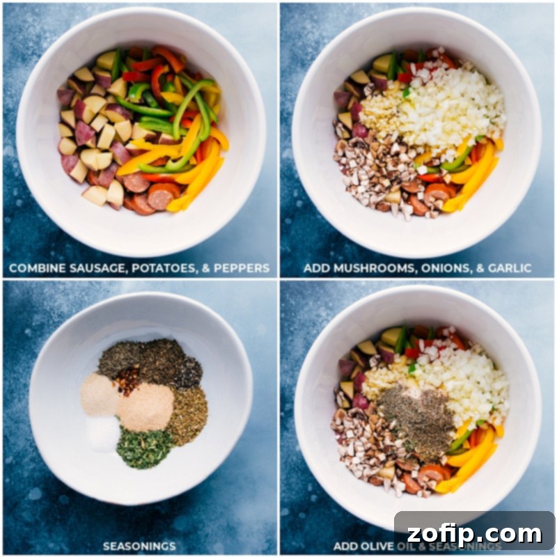 Preparing the Foil Pack Italian Sausage and Veggies: Mixing all ingredients in a large bowl