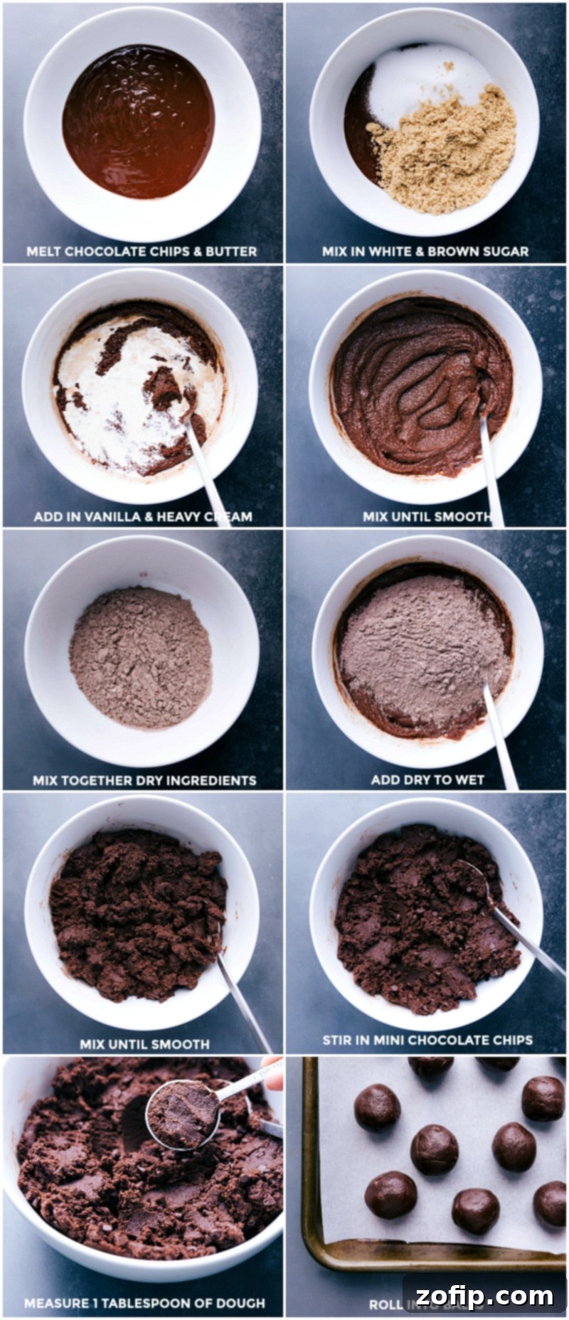 Quick Fudgy Brownie Truffles 4 Step-by-step process of preparing No-Bake Brownie Bites, from mixing the batter to rolling it into perfect balls.