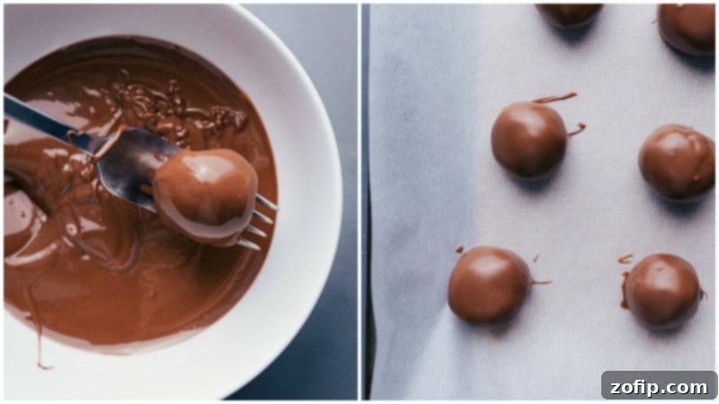 These delicious No Bake Brownie Bites are rich, deeply fudgy, and completely indulgent! The soft, truffle-like filling is dipped in melted chocolate and optionally sprinkled in sea salt (if you like salty-sweet!). Recipe via ChelseasMessyApron #dessert #best #quick #easy #simple #chocolatechip #seasalt #nobake #brownie #bites Process shots showing No-Bake Brownie Bites being carefully dipped in melted chocolate and arranged on a tray to set.