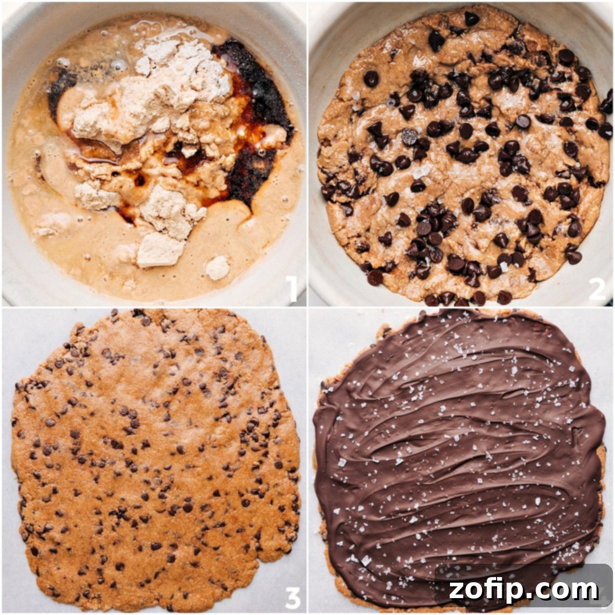 The step-by-step process of making Cookie Dough Bark, showing creamy cookie dough being mixed in a bowl, spread evenly onto parchment paper, then artfully topped with smooth melted chocolate and a delicate sprinkle of flaky sea salt for enhanced flavor and visual appeal.