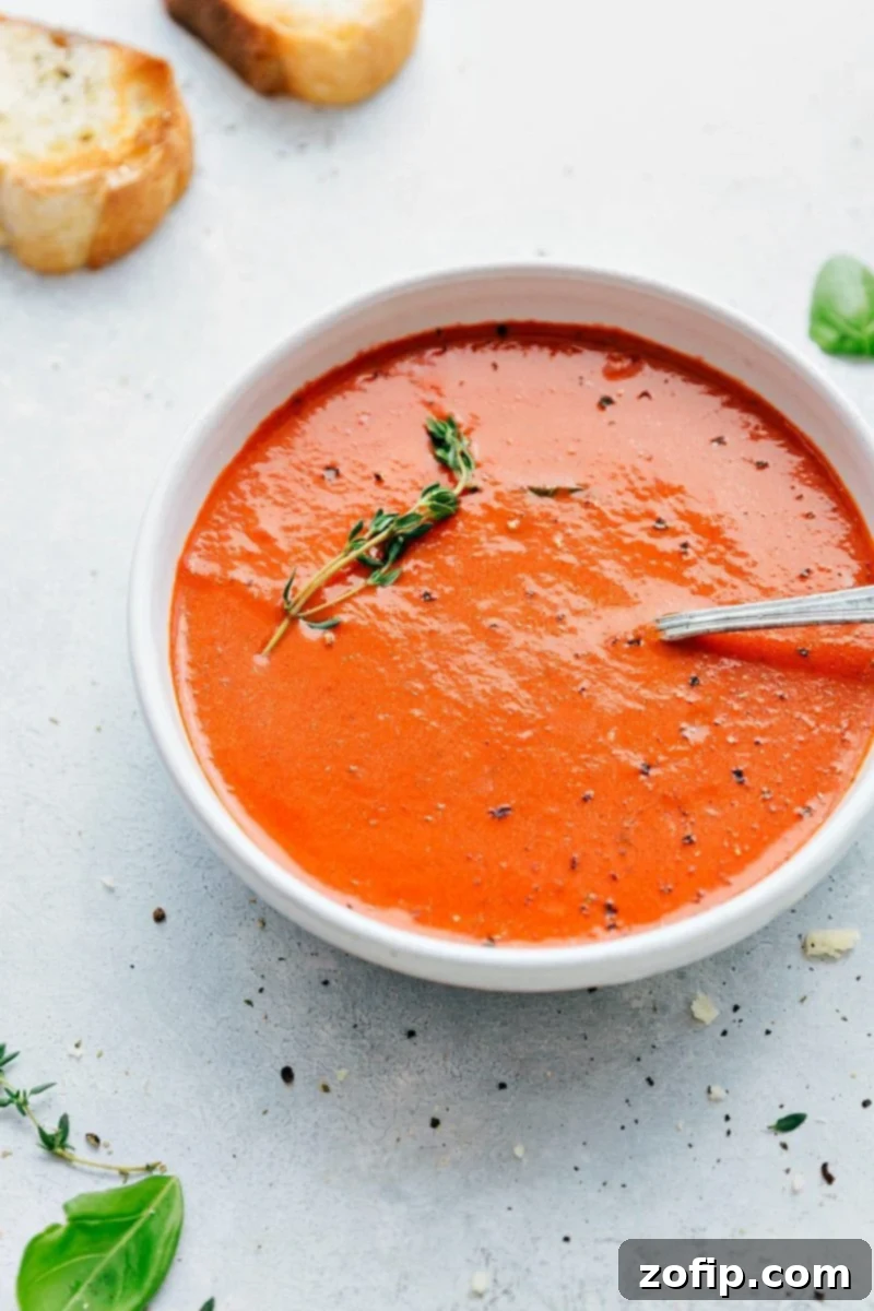 A steaming bowl of homemade Tomato Basil Soup garnished with fresh thyme, ready to be enjoyed.