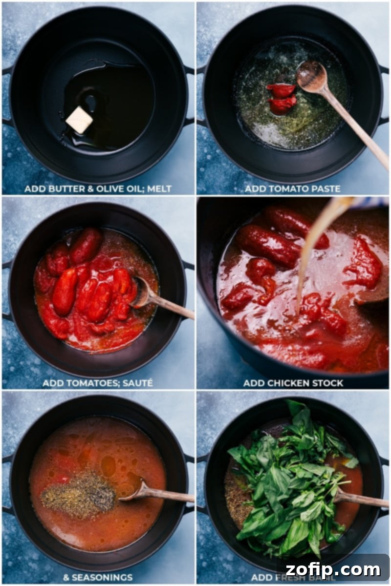 All the ingredients for the Roasted Tomato Basil Soup coming together in a large stockpot.