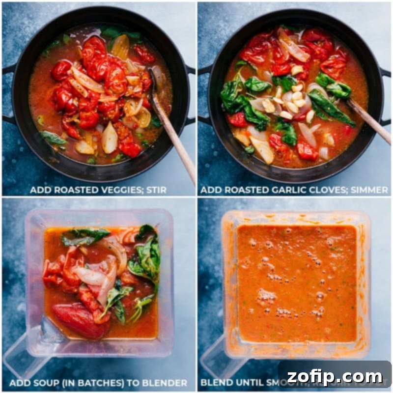 The process of blending the cooked Tomato Basil Soup until it's perfectly smooth and creamy.