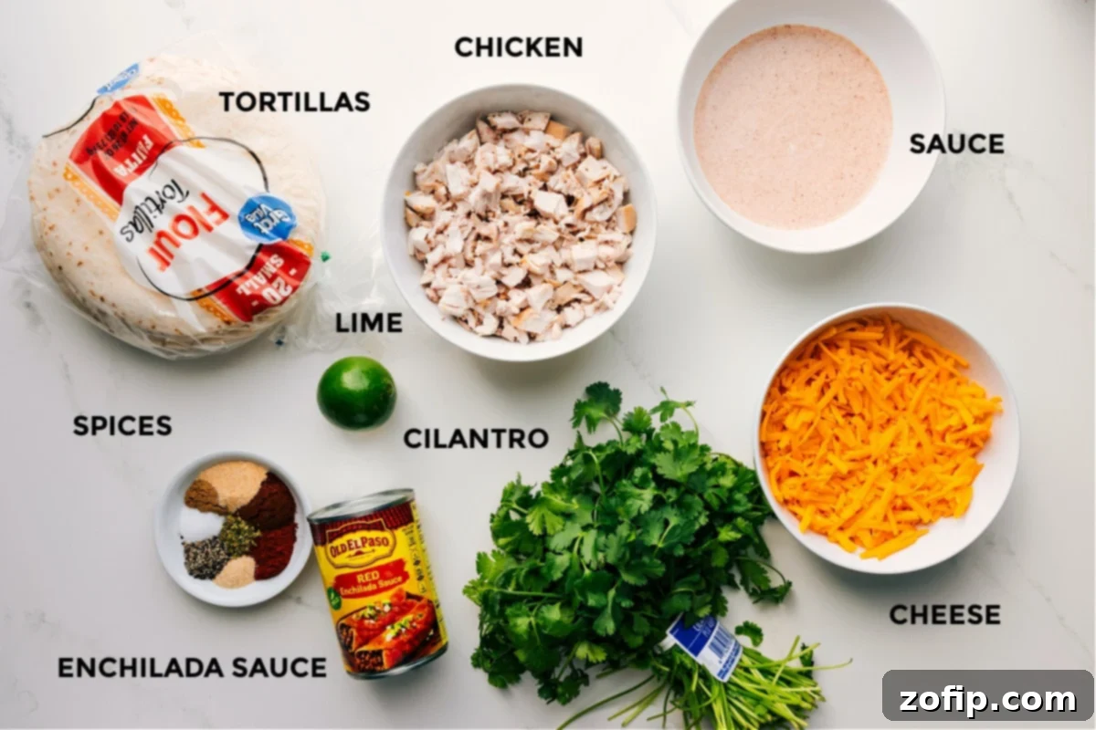 A vibrant array of fresh ingredients for Crispy Baked Chicken Tacos, including perfectly diced cooked chicken, aromatic taco seasoning, rich enchilada sauce, shredded cheddar cheese, soft flour tortillas, zesty limes, creamy mayonnaise, and a medley of spices like cumin, paprika, and chili powder, all laid out on a wooden board.