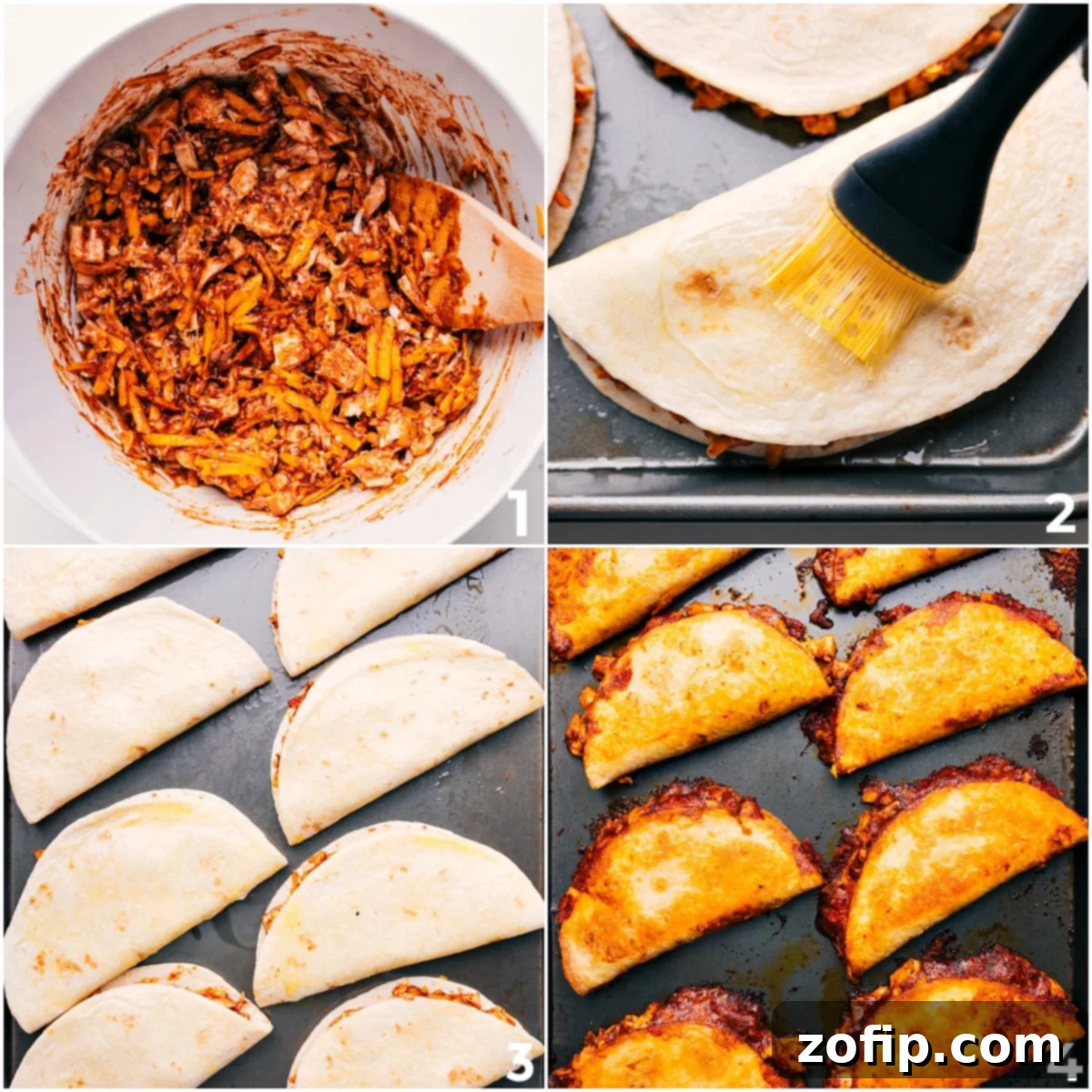 A step-by-step visual guide demonstrating the preparation of delicious Baked Chicken Tacos: the chicken mixture is skillfully combined in a mixing bowl, then carefully spooned into warm flour tortillas. Each filled tortilla is gently brushed with olive oil before being arranged on a baking sheet, destined for the oven to achieve ultimate crispy perfection.