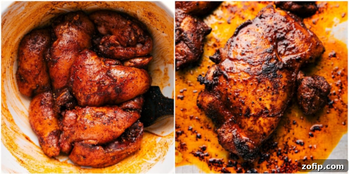 The chicken is coated in the rub and cooked to perfection on a sheet pan for these Asian chicken bowls.