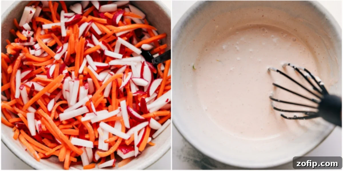The radish and carrot salad are mixed together in a bowl, and the sauce to top the dish is whisked together in a separate bowl.