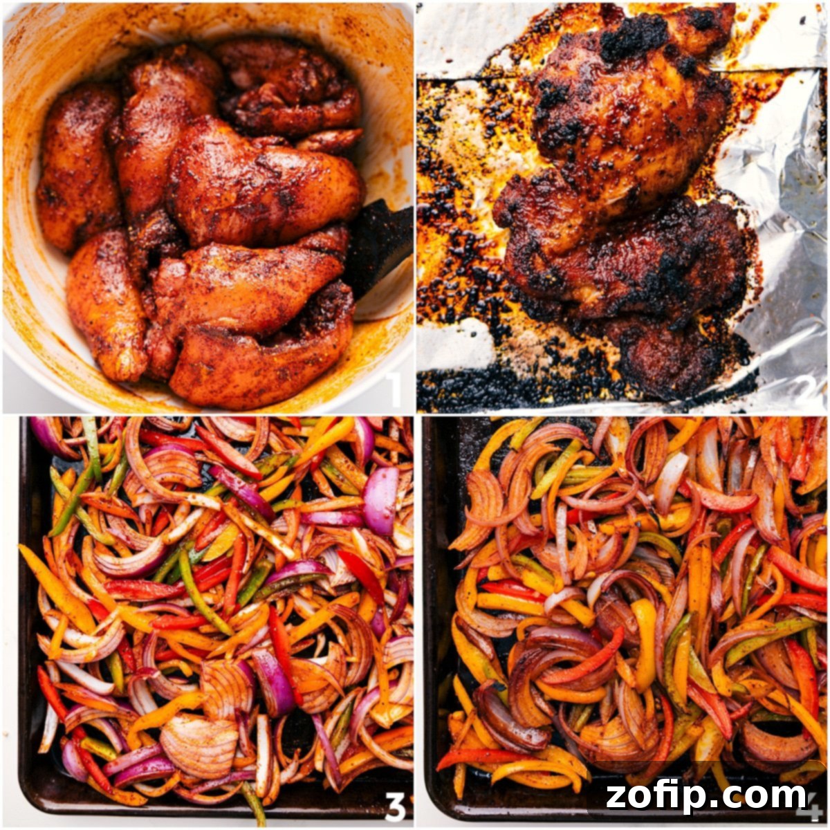 The chicken coated in seasoning and cooked to perfection, then the veggies and onions roasted on the pan.