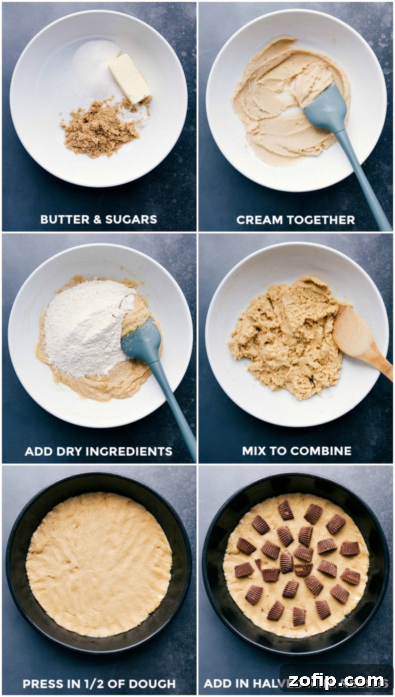 Crafting the Perfect Pizookie Dough: From Creaming Butter and Sugars to Layering with Reese's Candies Dough preparation: combining butter and sugars, creaming them until fluffy, adding dry ingredients, and pressing half into a pan with mini Reese's candies, ready for baking.