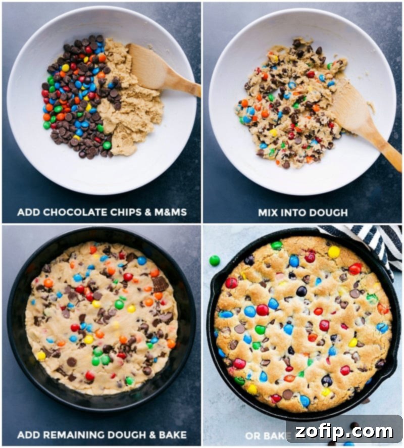 Pizookie Recipe Creation: Incorporating Chocolate Chips and M&M's into Dough for Baking Chocolate chips and M&M's being added and mixed into the pizookie dough, then added to a pan to complete the pizookie recipe, showcasing the final layer of candy-studded dough before baking.