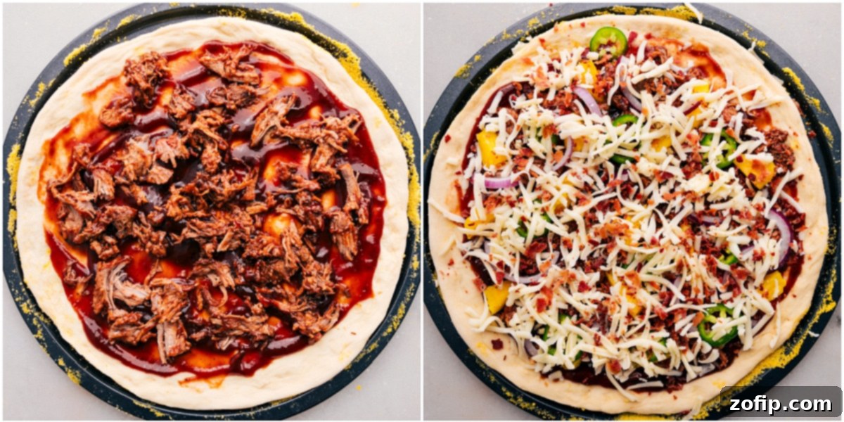 How To Assemble BBQ Chicken Pizza Step-by-step process of layering BBQ sauce, shredded chicken, sliced red onion, pineapple chunks, shredded Monterey Jack and mozzarella cheese, and crumbled bacon onto pizza dough before baking.