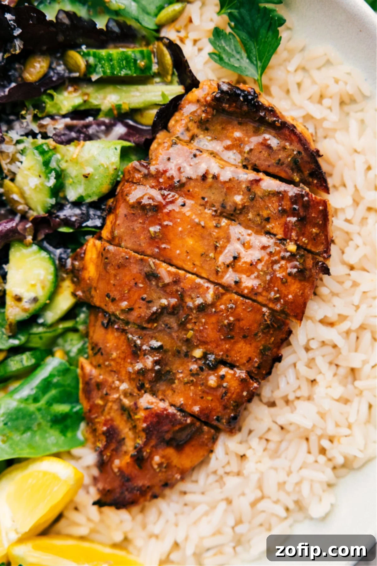 Perfectly grilled Balsamic Chicken Marinade served over a bed of fluffy rice with a fresh side salad, creating a vibrant and ready-to-enjoy meal.