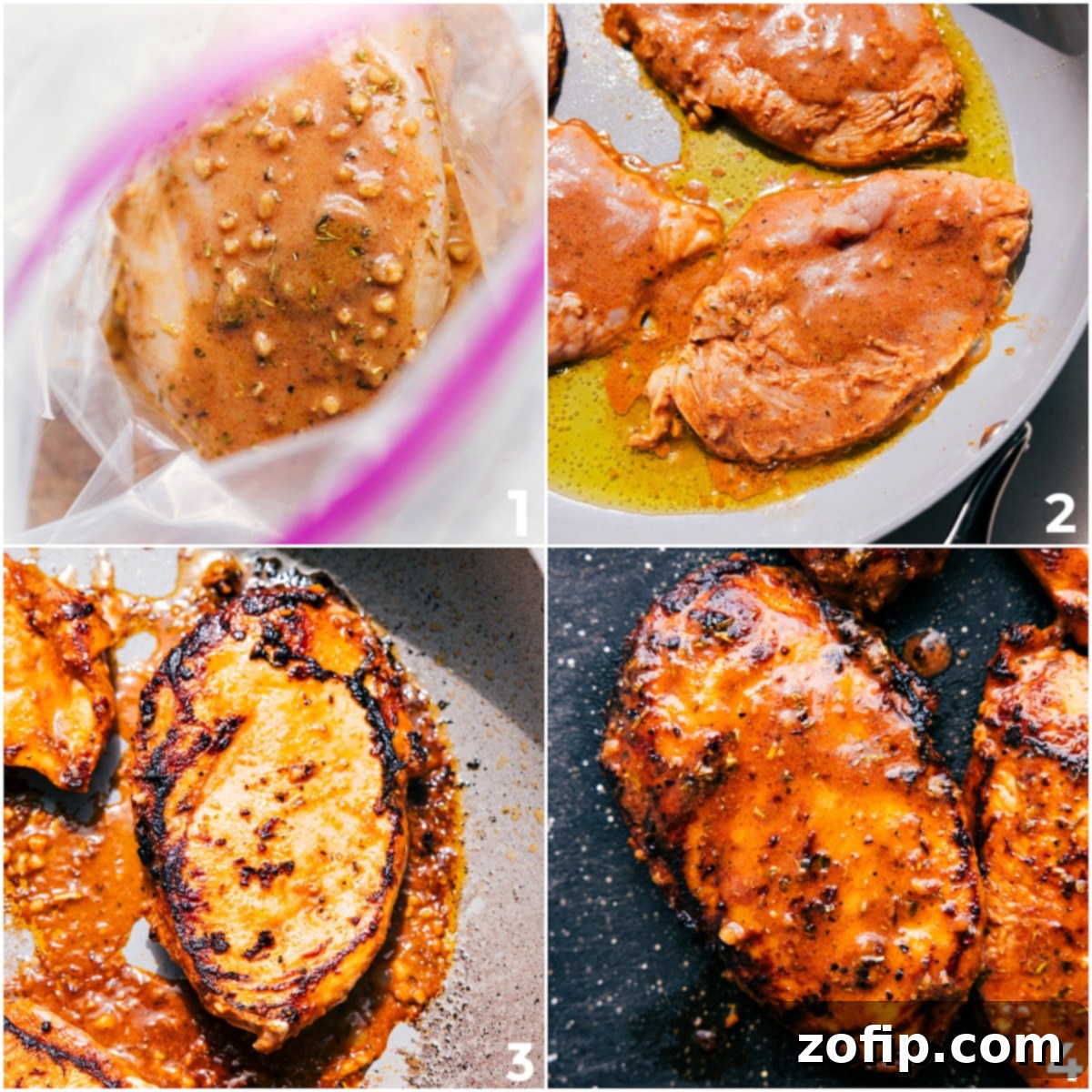 Raw chicken breasts marinating in the rich balsamic sauce, followed by a picture of them perfectly cooked in a skillet until golden brown.