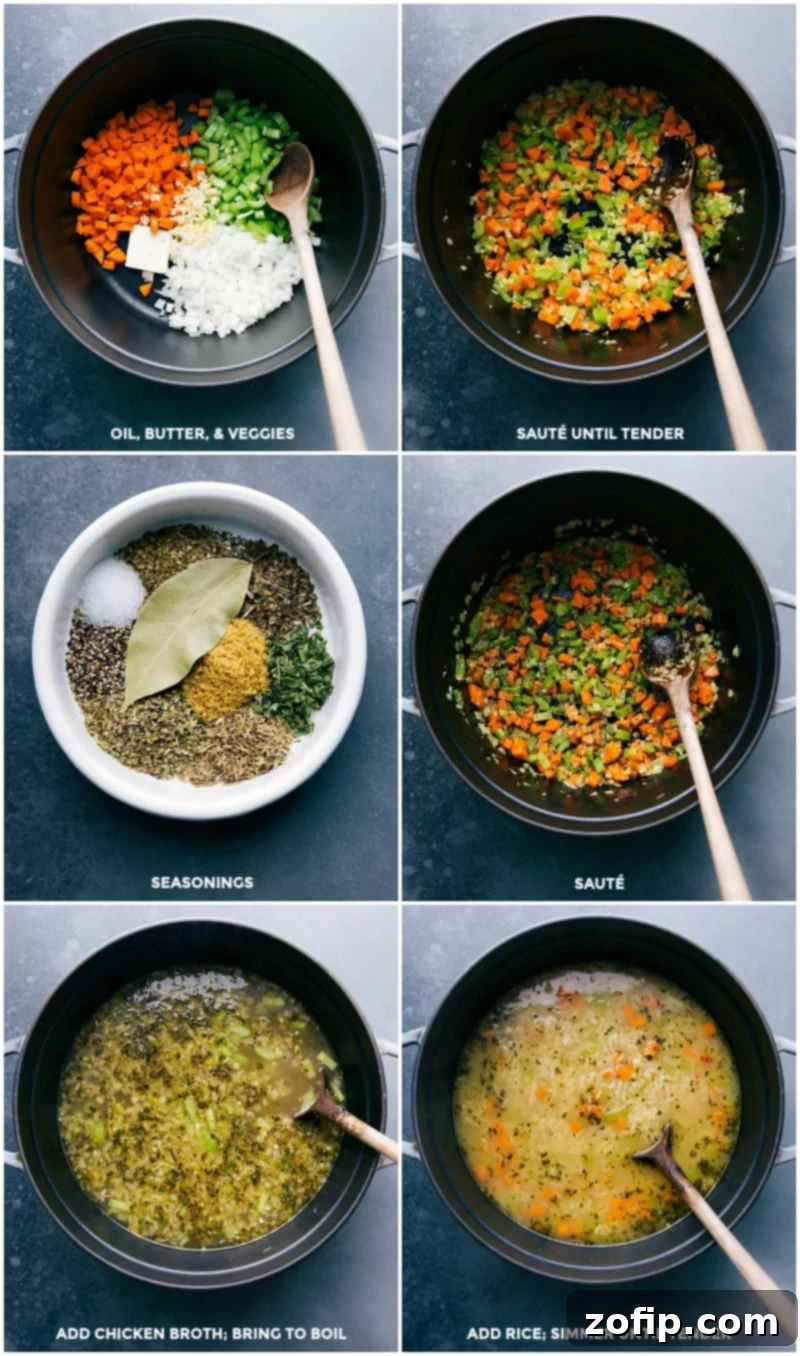 The cooking process of chicken and rice soup: vegetables sautéing, seasonings being added, and broth simmering in a large pot.