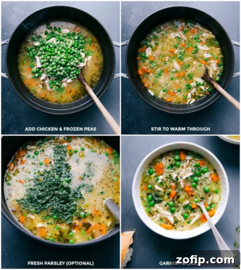 The final steps of making chicken and rice soup, showing shredded chicken, frozen peas, and fresh parsley being added, and then the beautifully garnished finished soup in a bowl.