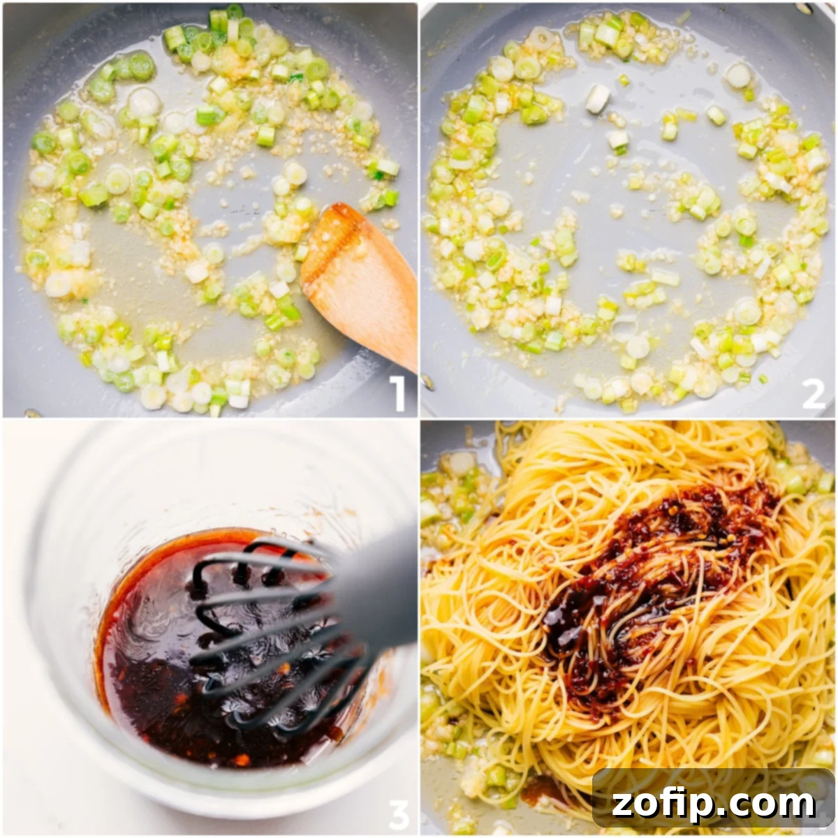 Onions and garlic sautéing in butter, with the sauce being whisked and added to a skillet with pasta for these Chili Garlic Noodles.