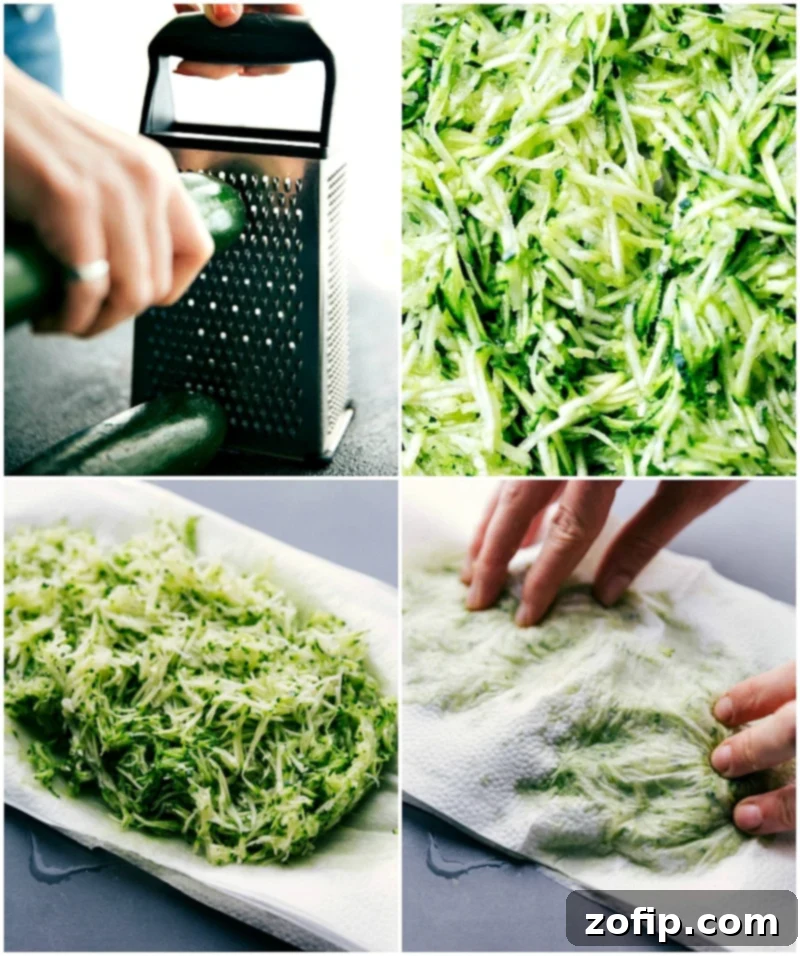 Grating zucchini and spreading it out on paper towels, then blotting to absorb excess moisture.