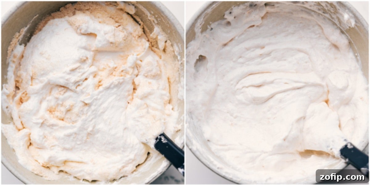 Thawed whipped cream being gently folded with vanilla protein powder in a bowl, creating a smooth, airy, and protein-rich filling for the s’mores.