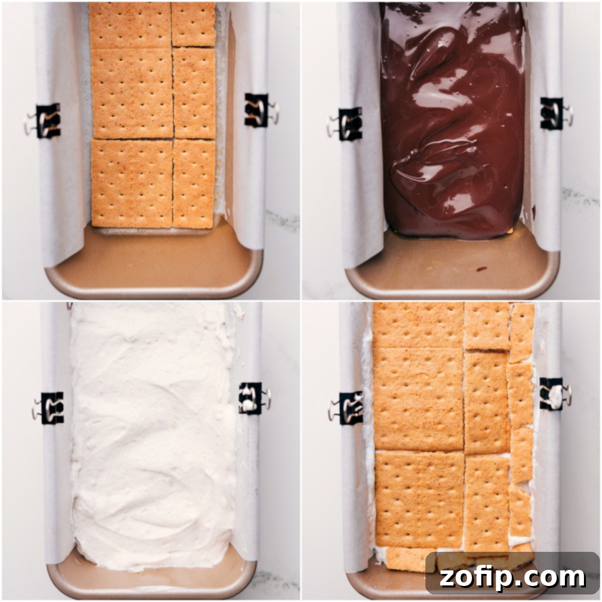 Layers being carefully assembled in an 8x4-inch bread pan, showing a base of graham crackers, followed by melted chocolate, the creamy protein whipped topping, and topped with more graham crackers.