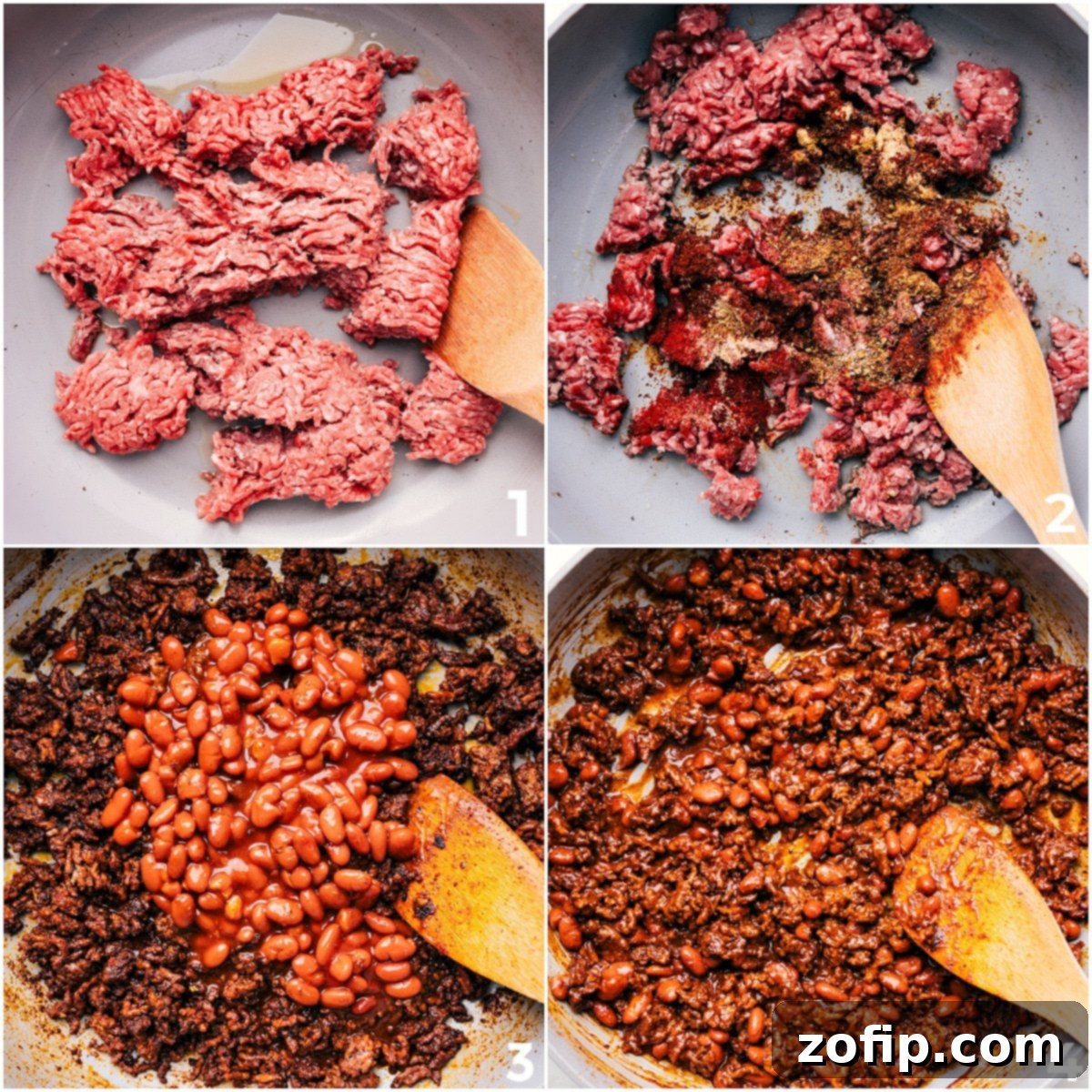 Ground beef being browned with seasonings, then mixed with chili beans to create the saucy meat mixture for this walking taco recipe.