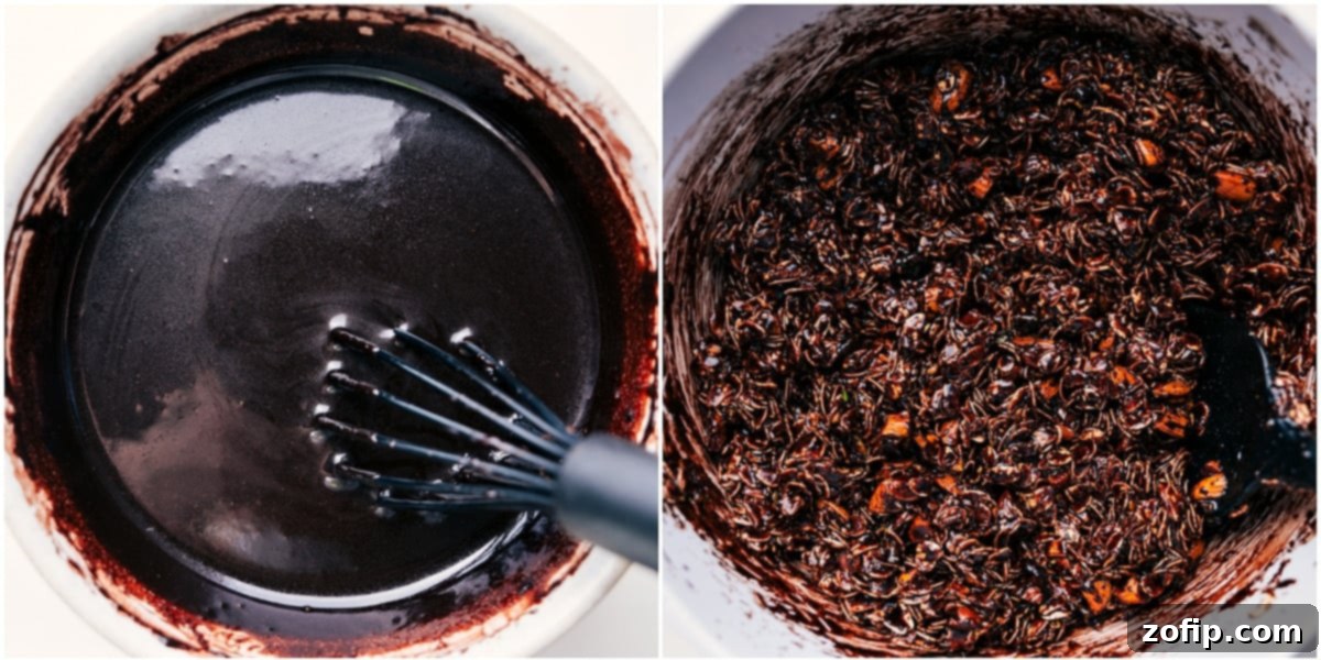 How To Make Chocolate Granola Recipe The melted chocolate mixture being carefully poured over the dry granola ingredients, including wholesome oats, crunchy nuts, and fragrant spices, in a large mixing bowl, ready for thorough combining to ensure every piece is perfectly coated.