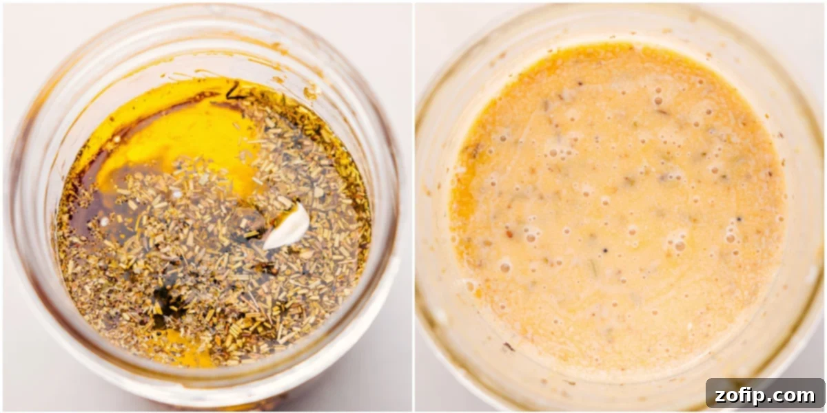 All the vibrant homemade dressing ingredients are perfectly combined in a charming mason jar, ready to be shaken and poured over the Italian Pasta Salad recipe, promising an explosion of fresh flavors.