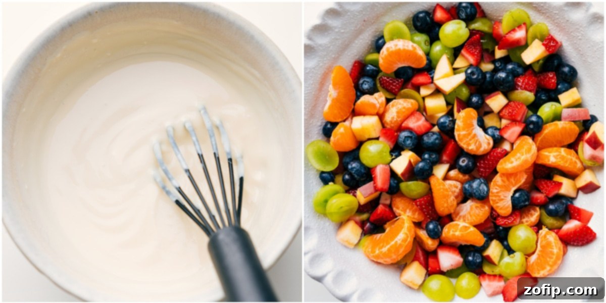 A two-part image showing the preparation of fruit salad with yogurt. One bowl contains the creamy yogurt dressing, whisked to perfection, and another large bowl holds the colorful mix of prepped fruits, ready to be combined for the final dish.