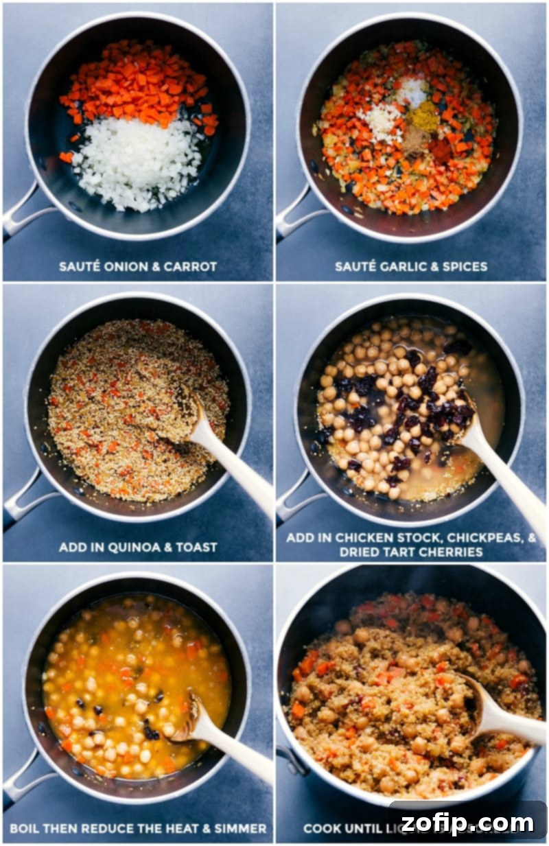 Process shots showing the stages of cooking Quinoa Pilaf: sautéing vegetables and quinoa, adding stock and chickpeas, and simmering the mixture.