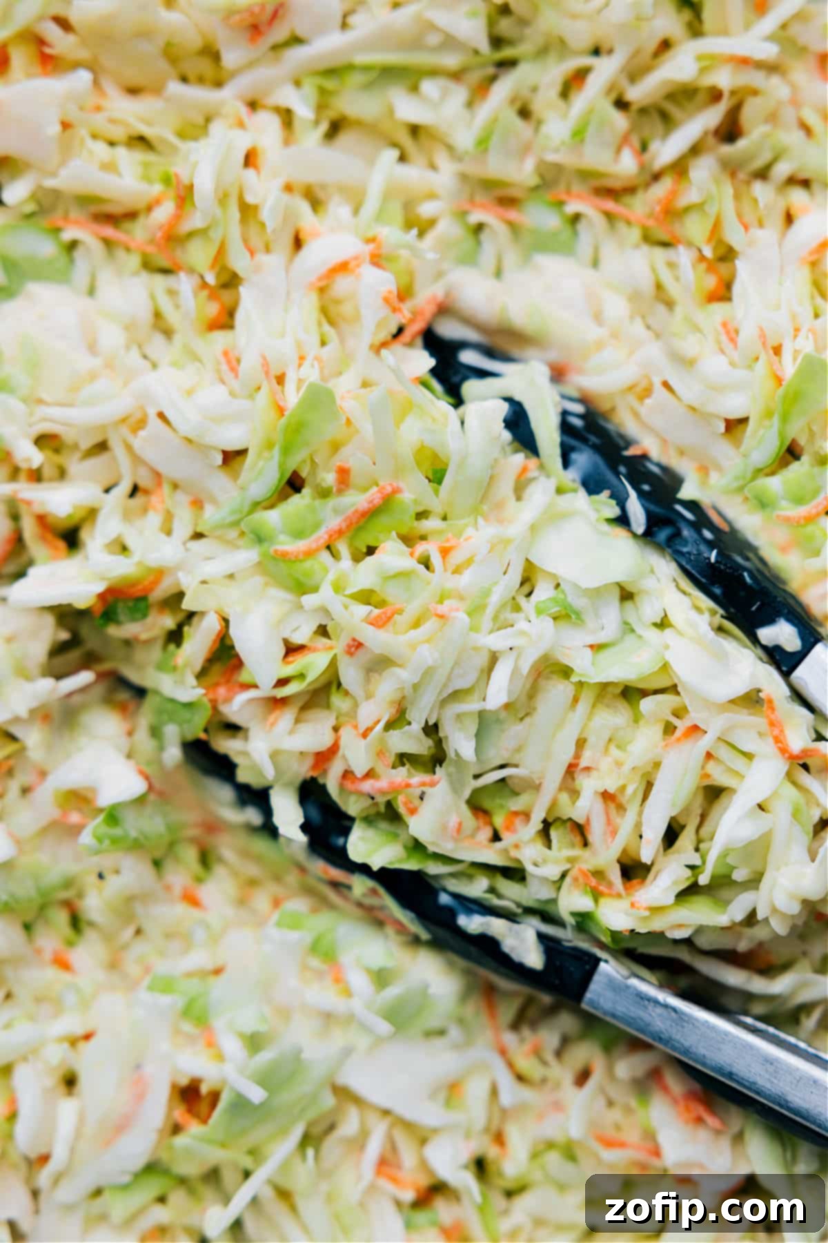 Shredded cabbage and carrots being folded into the creamy coleslaw dressing in a large bowl.