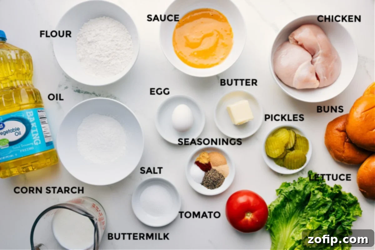 All the fresh ingredients prepped and laid out for making a delicious crispy chicken sandwich: oil, cornstarch, flour, a specialty sauce, egg, various seasonings, salt, sliced tomato, butter, pickles, crisp lettuce, chicken breasts, and soft brioche buns.