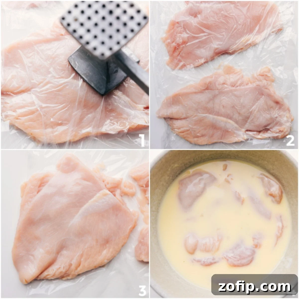 Chicken breasts being carefully prepped for crispy chicken sandwiches. This includes slicing them in half horizontally, pounding them to an even thickness, and marinating them in a flavorful buttermilk mixture.