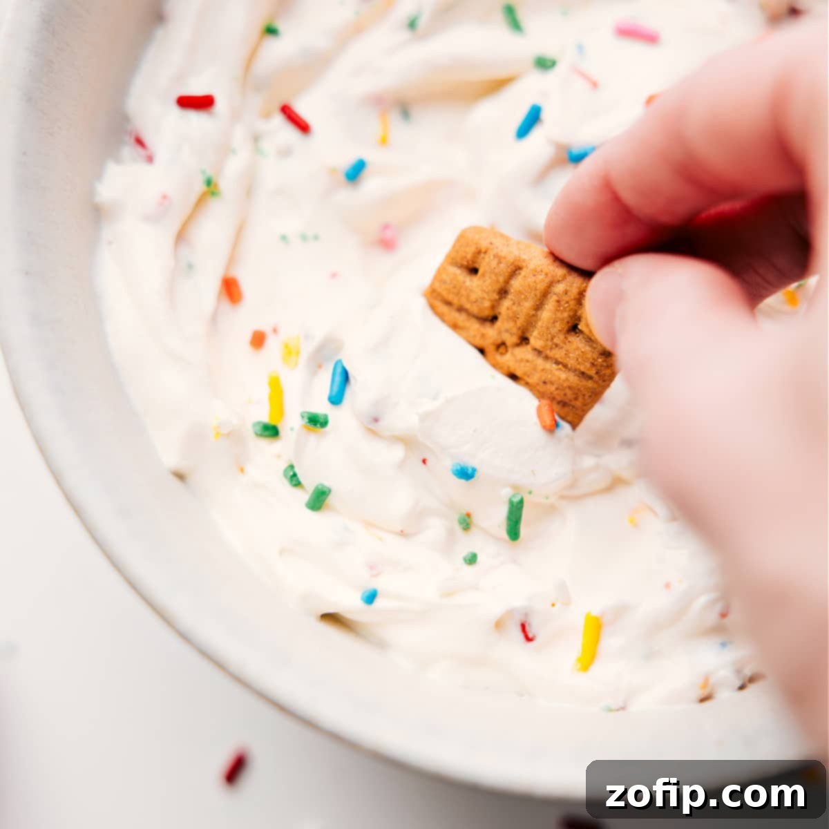 Funfetti-flavored fluffy yogurt in a bowl with a graham cracker dipped into it, showcasing the vibrant sprinkles and creamy texture.