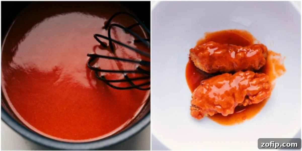 A vibrant hot sauce mixture being whisked in a small saucepan, ready to coat the crispy chicken tenders for an explosion of flavor.