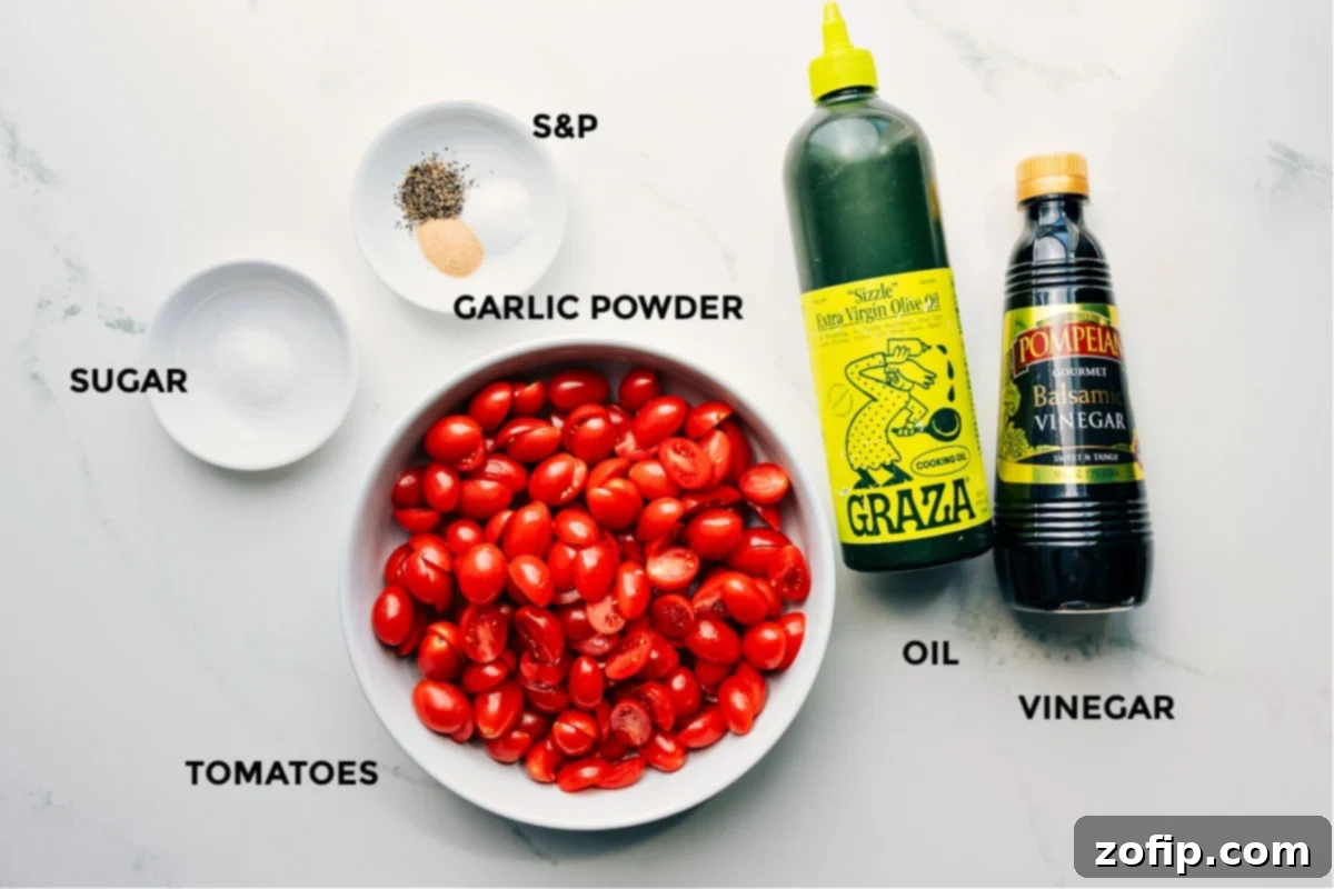 Ingredients In Roasted Cherry Tomatoes All the essential ingredients for roasted cherry tomatoes carefully prepped for easy assembly, including vibrant cherry tomatoes, rich olive oil, balsamic vinegar, aromatic garlic powder, sugar, salt, and pepper.