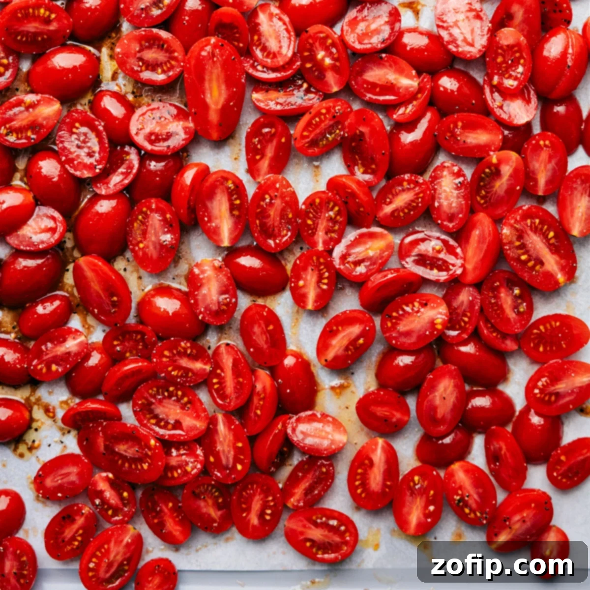 How To Make Roasted Cherry Tomatoes All the cherry tomatoes, perfectly seasoned and coated in olive oil and balsamic, spread in a single layer on a sheet pan, ready for roasting to become delicious roasted cherry tomatoes.