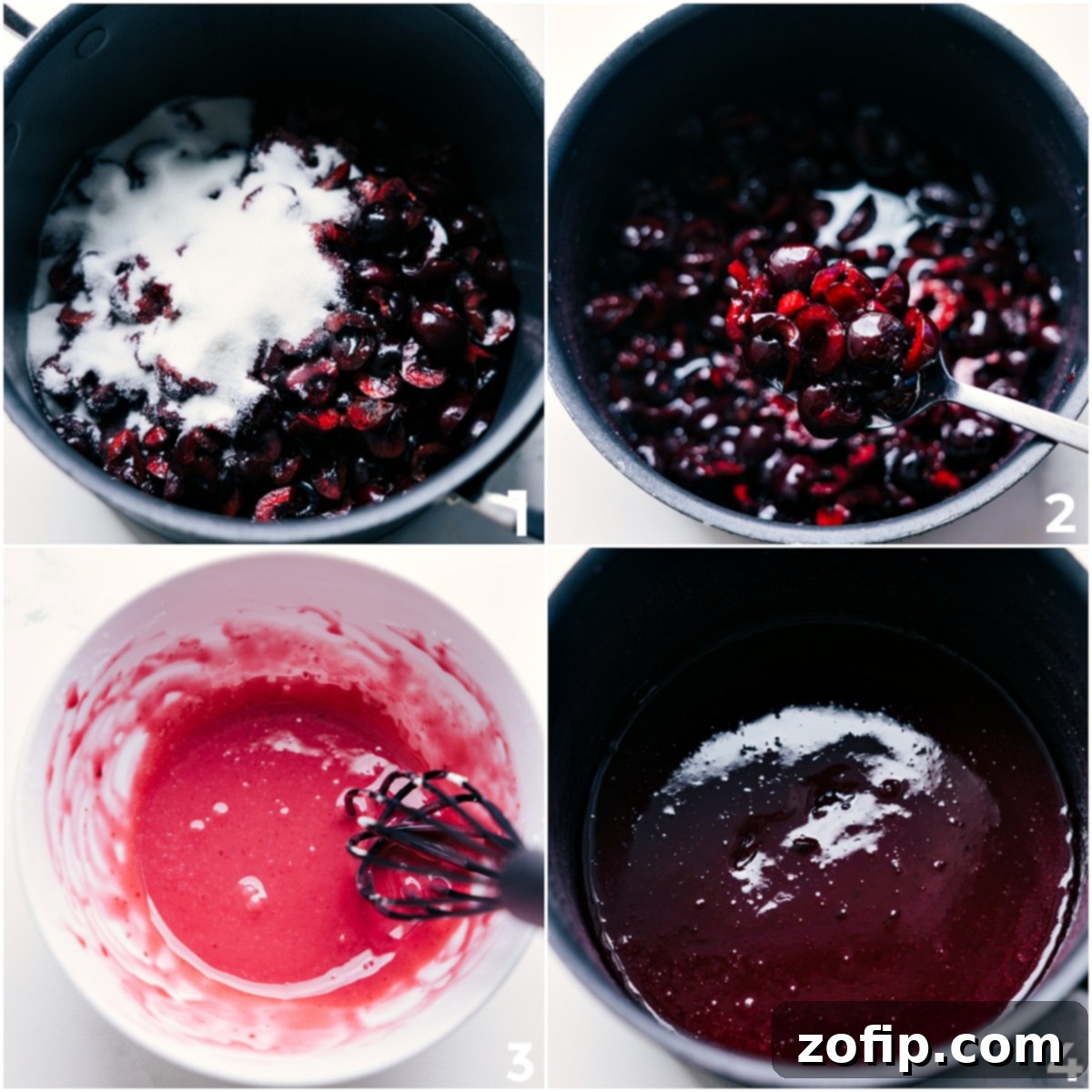 Fresh cherries being gently cooked down with sugar and lemon juice in a pot on the stovetop to create the foundational filling for the best cherry pie recipe.