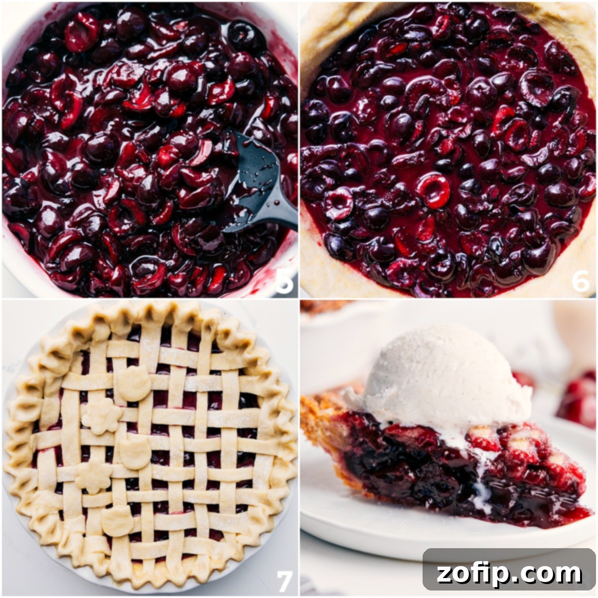 A stunning homemade cherry pie, first shown with its lattice top being carefully laid over the luscious filling, then baked to golden perfection, and finally a perfect slice served with a scoop of vanilla ice cream.