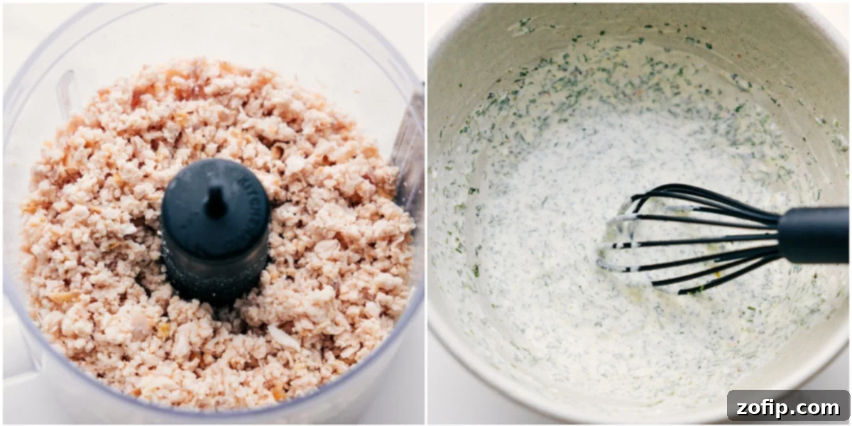 Step-by-step images showing chicken being pulsed in a food processor and Green Goddess dressing being whisked before combining all ingredients.