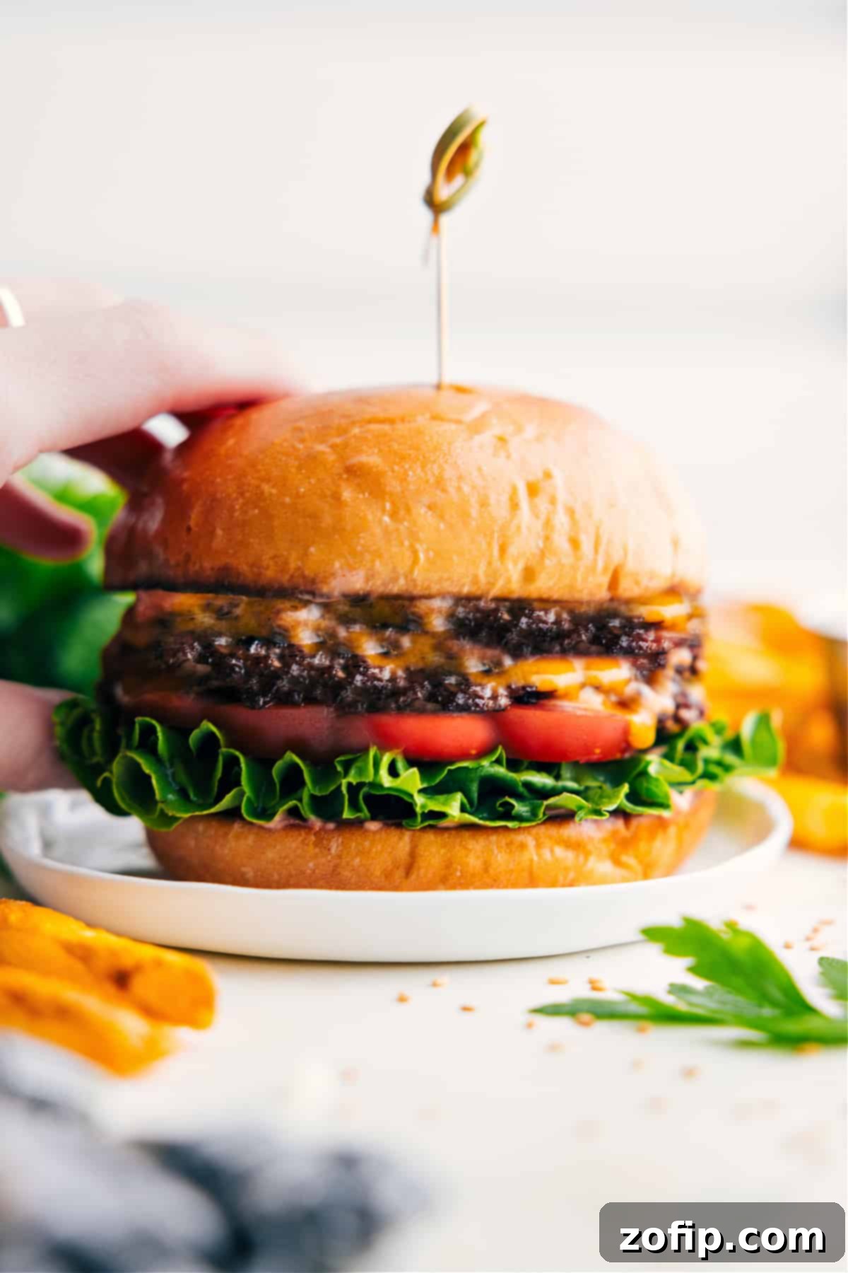 A perfectly cooked smashburger with fresh lettuce, ripe tomato, melted cheese, and a generous dollop of special burger sauce, all nestled in a toasted brioche bun.